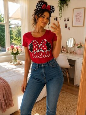 Disney Minnie Mouse MOM Graphic Tee Womens Large Red Shirt w Minnie Ears